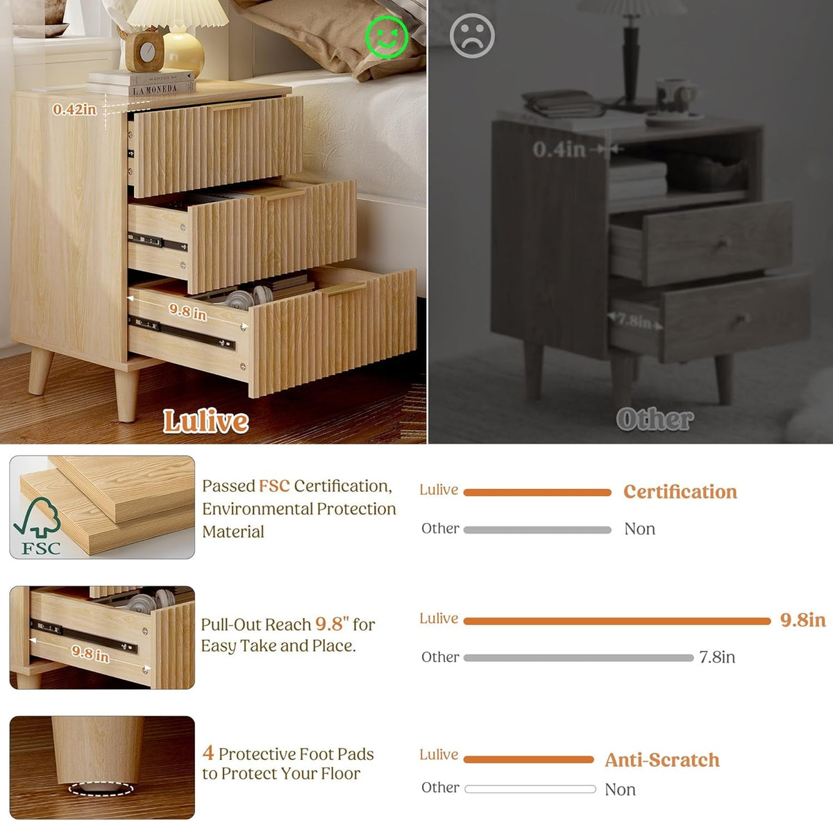 Wood 3 Drawers Dresser Fluted Night Stand with Charging Station, Storage Nightstand Modern Side Table, Bedside Table for Bedroom, Entryway Natural
