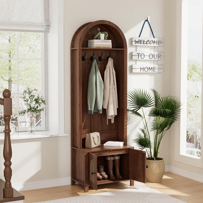 Hall Tree with Bench and Shoe Storage, Entryway Storage Bench with Coat Rack, 70.9" Arch Coat Rack with 4 Hooks and 2 Fluted Doors, Farmhouse Style Furniture Organizer for Hallway,Mud Room