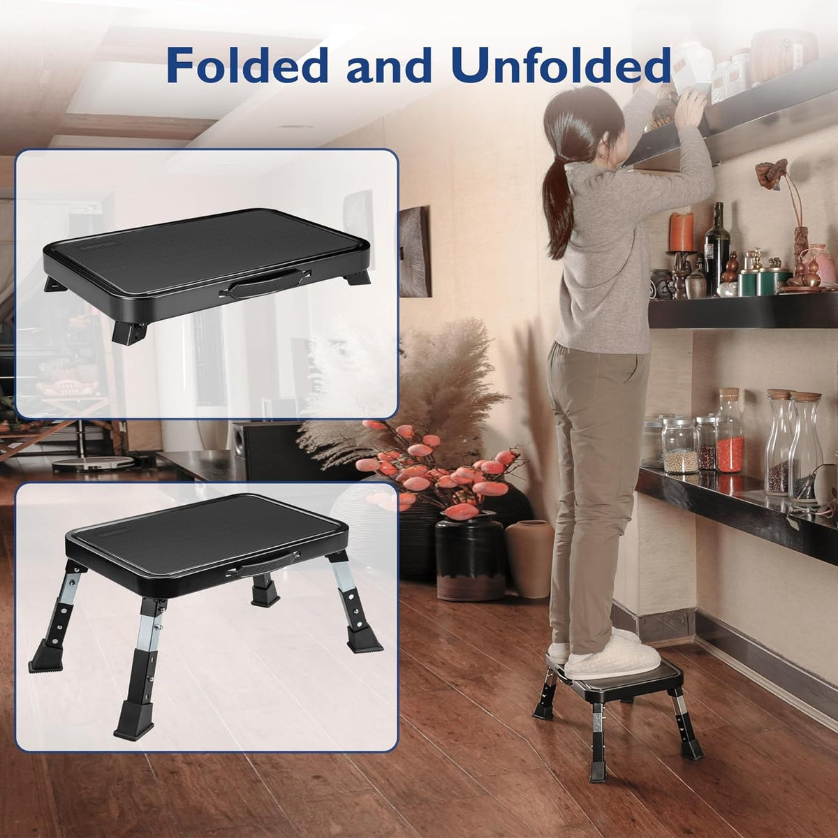 Folding Step Stool, 3-Level Adjustable Metal Step Stool with Anti-Slip Pedal and Locking Legs, 330Lbs Heavy Duty Folding Foot Stool, Portable Stepping Stool for Kids, Kitchen, Home, Office