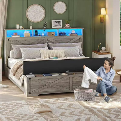 Queen Size Bed Frame with Storage Ottoman, Farmhouse Bed Frame with Charging Station and Led Light, Headboard with Storage Rack, Metal Slats, No Noise Design, No Box Spring Needed,Oak Grey