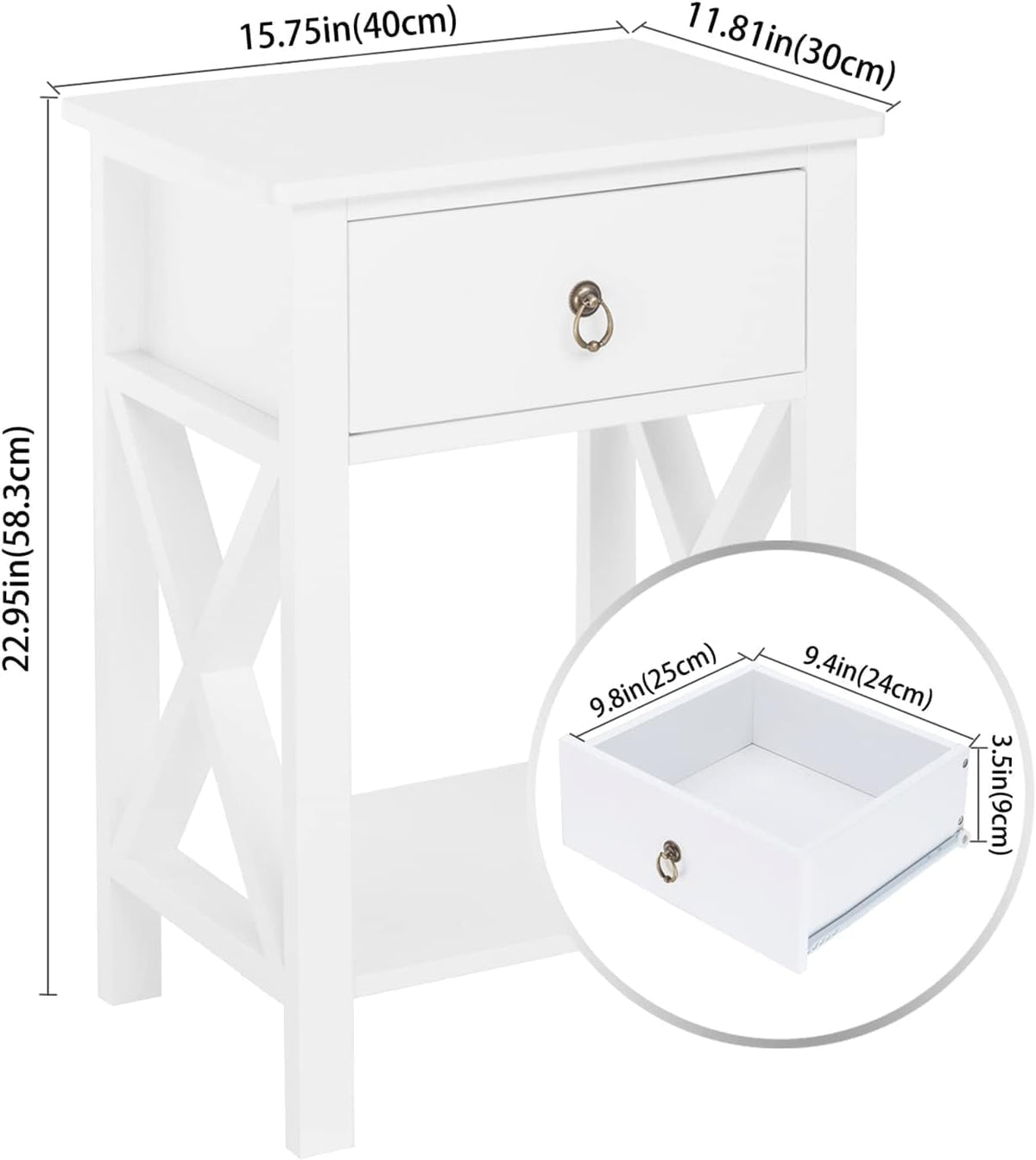Farmhouse Nightstand Set of 2 with Drawer and Shelf, White