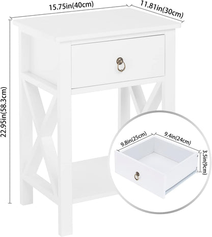 Farmhouse Nightstand Set of 2 with Drawer and Shelf, White