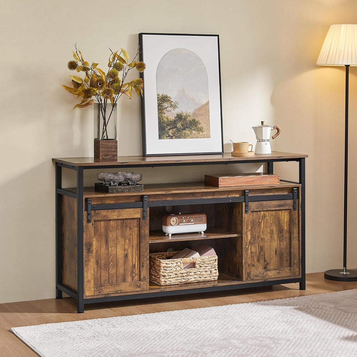 TV Stand for 65 Inch TV, Farmhouse Entertainment Center with Storage, Wood Tall TV Stands for Living Room with Sliding Barn Doors, Rustic Brown