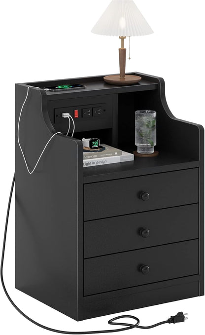Nightstand with Charging Station,Black Night Stand for Bedroom,End Table with Hutch & Storage Drawers