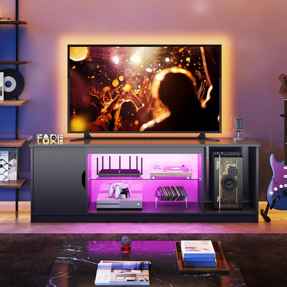 LED TV Stand for 55/60/65 Inch TV, Gaming Entertainment Center with Cabinet for PS5, Xbox,Modern TV Cabinet with Adjustable Glass Shelves for Living Room, Bedroom 57 Inch,Black