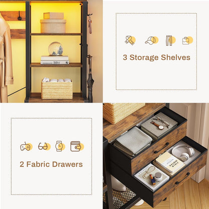 Hall Tree with Bench and Shoe Storage, 7-In-1 Entryway Bench with Coat Rack, 3 Storage Cubbies, 3 Open Shelves, 17 Coat Hooks, 2 Fabric Drawers (Rustic Brown)