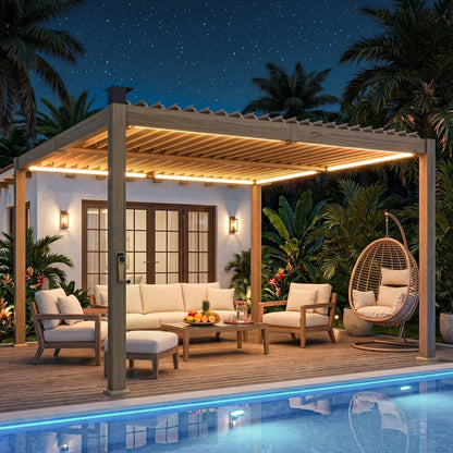 10' x 10' Louvered Pergola with Solar LED lights, Metal Roof, Outdoor Pergola Patio Gazebo with Drainage Gutters, Brown