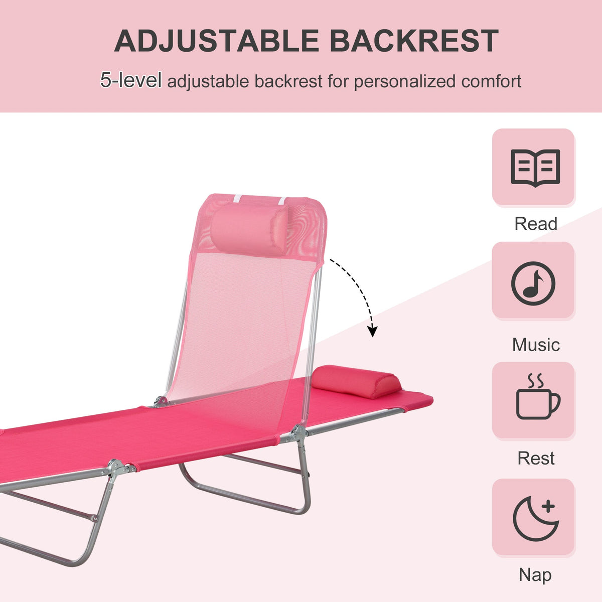 Folding Chaise Lounge Chair, Pool Sun Tanning Chair, Outdoor Lounge Chair with Reclining Back, Breathable Mesh Seat, Headrest for Beach, Yard, Patio, Pink