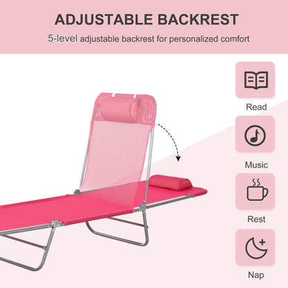 Folding Chaise Lounge Chair, Pool Sun Tanning Chair, Outdoor Lounge Chair with Reclining Back, Breathable Mesh Seat, Headrest for Beach, Yard, Patio, Pink