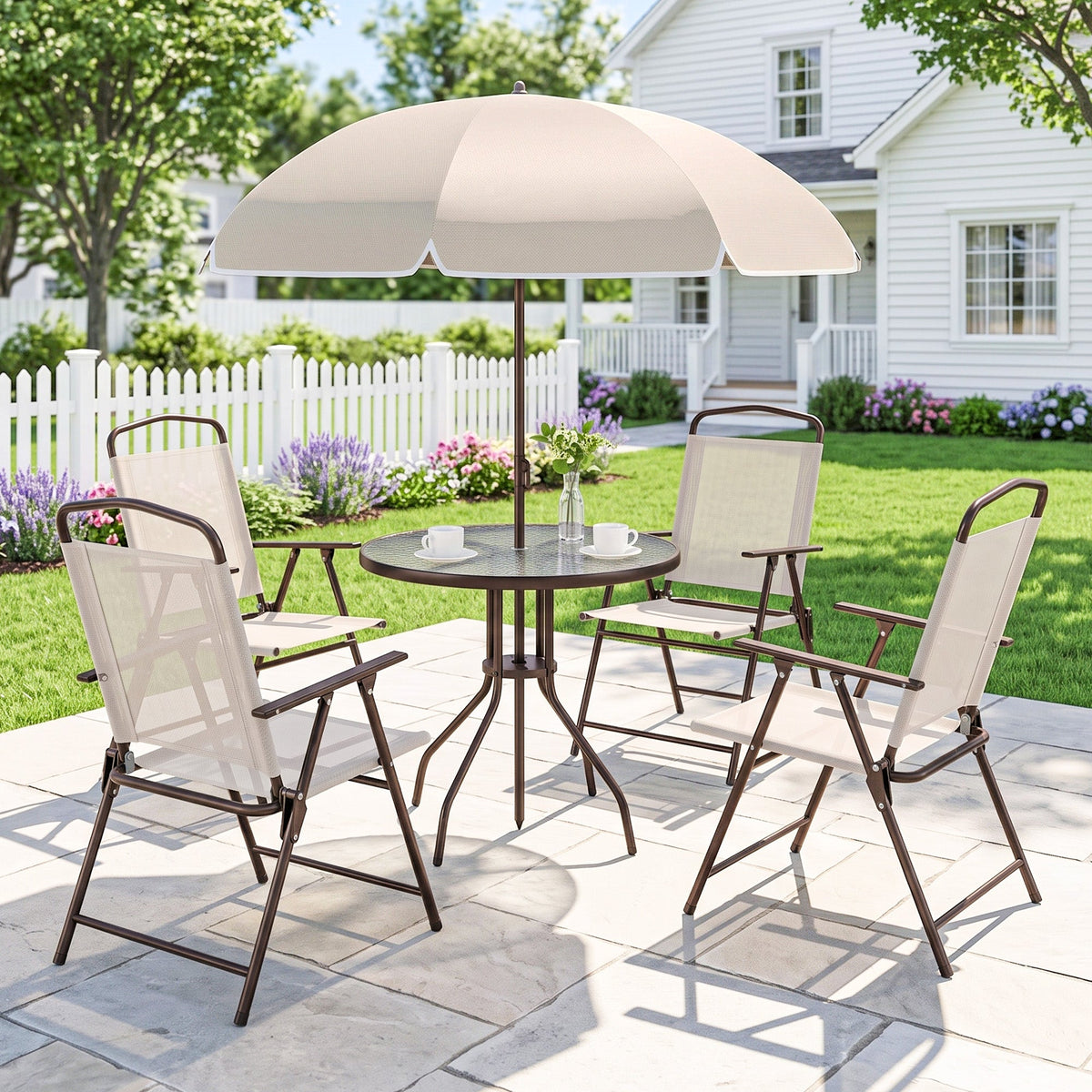 6 Piece Patio Dining Set for 4 with Umbrella, Beige