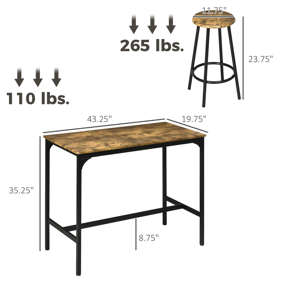 5-Piece Counter Height Bar Table and Chairs Set, Bar Table with Stools, Kitchen Table 4 Chairs, Rustic Brown