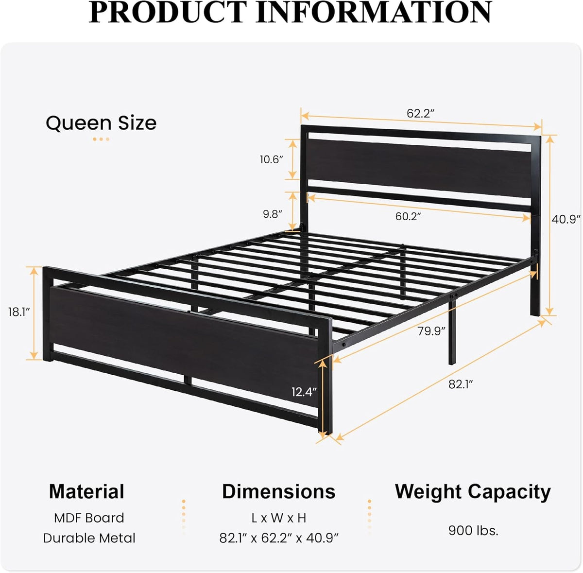 Queen Size Bed Frame with Modern Headboard, Heavy Duty Platform Metal Base with Square Footboard and 13 Strong Slats Support, No Box Spring Needed, Black