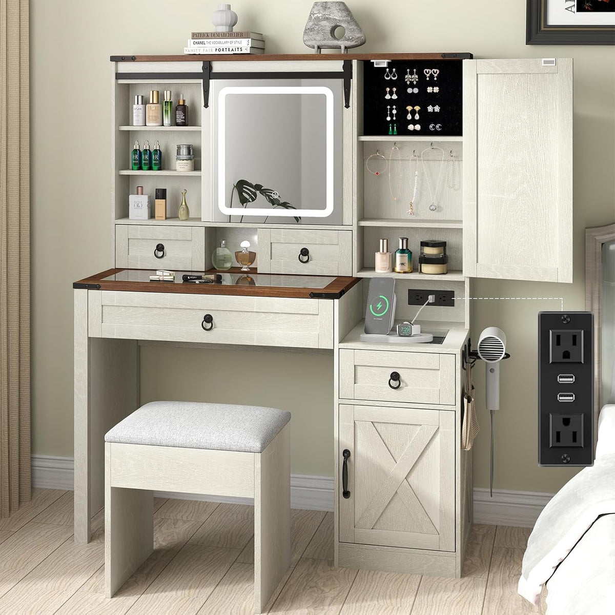 Farmhouse Makeup Vanity Desk with Sliding Mirror and Lights, 42" Glass Top White Vanity Set with Charging Station & 4 Drawers & 2 Cabinets, Dressing Table with Stool for Bedroom
