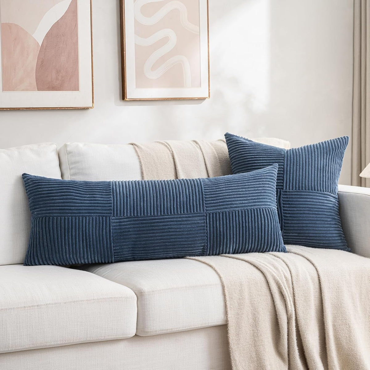 2 Packs Dusty Blue Decorative Throw Pillow Covers 18X18 Inch for Living Room Couch Bed, Farmhouse Boho Home Decor, Soft Corss Corduroy Patchwork Textured Square Cushion Case 45X45Cm