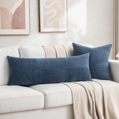 2 Packs Dusty Blue Decorative Throw Pillow Covers 18X18 Inch for Living Room Couch Bed, Farmhouse Boho Home Decor, Soft Corss Corduroy Patchwork Textured Square Cushion Case 45X45Cm