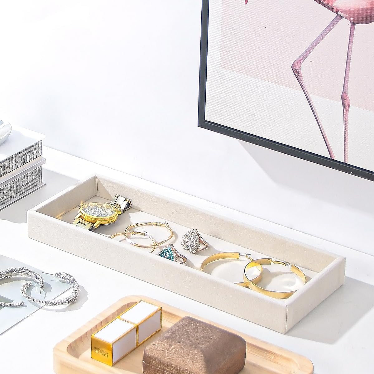 2Pcs Desk Drawer Storage Tray, Nightstand Organizer, Jewelry Display for Necklace, Bracelet, Ring, Earring, Grid Table Organizer Holder for Sunglass, Phone, Watch, Perfume (1 Grid)/Beige