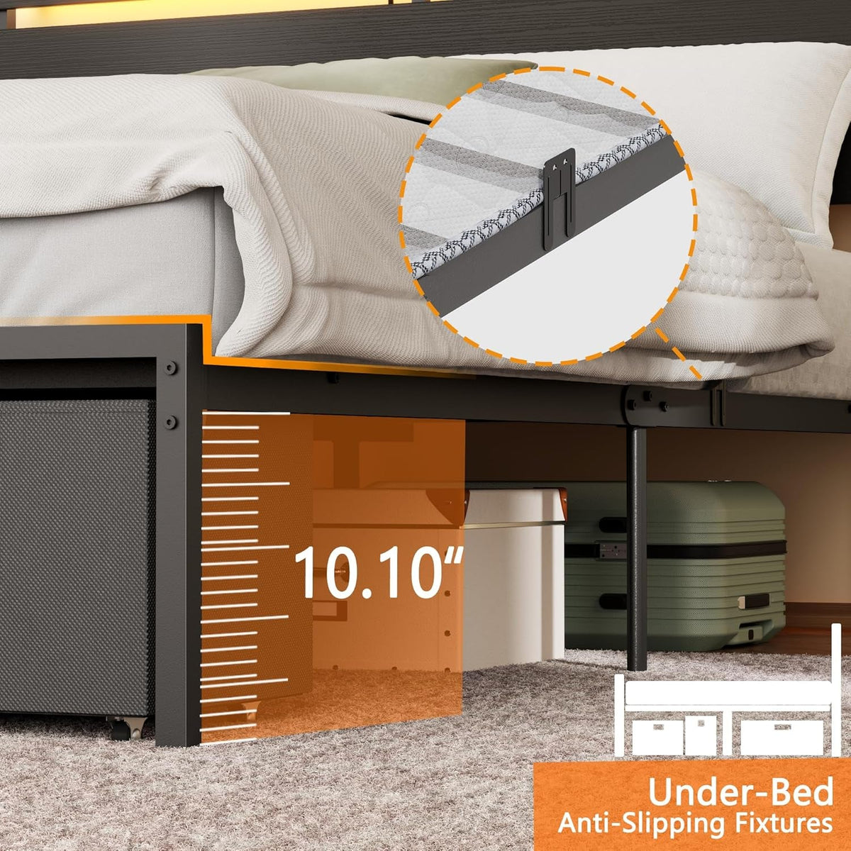 Queen Bed Frame with Wood Headboard, Black Platform Bed with 2 Storage Drawers & Shelf, Built-In Charging Station & LED Lights, Metal Support, No Box Spring Needed, Cama Queen Size