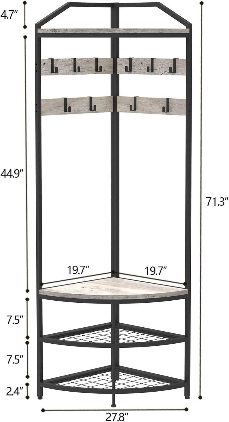 Grey Corner Hall Tree with Shoe Bench Entryway Coat Rack with 10 Metal Movable Hooks Rustic Farmhouse Floorstanding Clothes Rack Shoes Shelf Organizer for Home Office Bedroom (Greige)