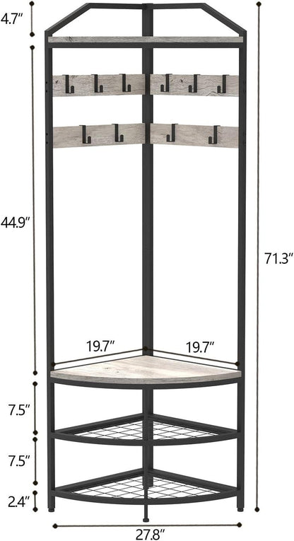 Grey Corner Hall Tree with Shoe Bench Entryway Coat Rack with 10 Metal Movable Hooks Rustic Farmhouse Floorstanding Clothes Rack Shoes Shelf Organizer for Home Office Bedroom (Greige)