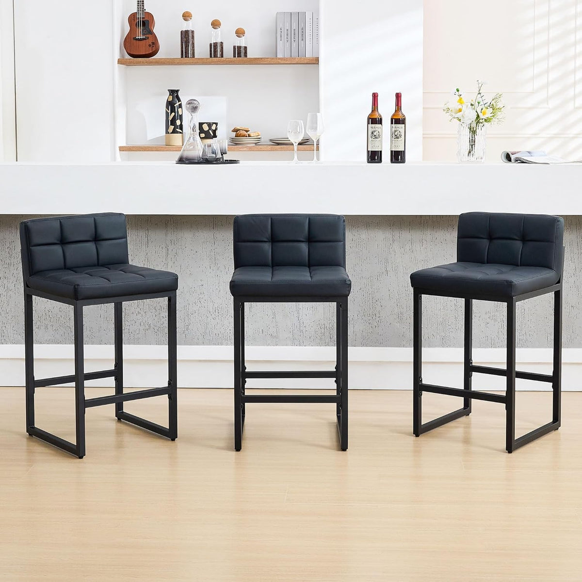 Bar Stools Set of 3, Upholstered Faux Leather Counter Height Barstools with Low Back and Thickened Metal Legs, Modern Bar Chairs for Kitchen Island, Bar, Counter (Black, 3Pcs 26" Bar Stools)
