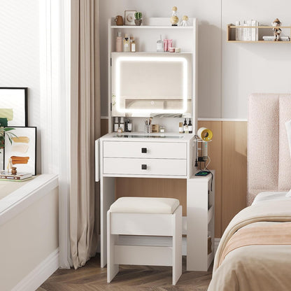 Small Makeup Vanity Desk with 3 Adjustable Lighted Mirror, White Vanity Set with Fold-Up Panel and Charging Station, Glass Top Dressing Table with Drawers and Chair, 2 Hidden Storage Shelves