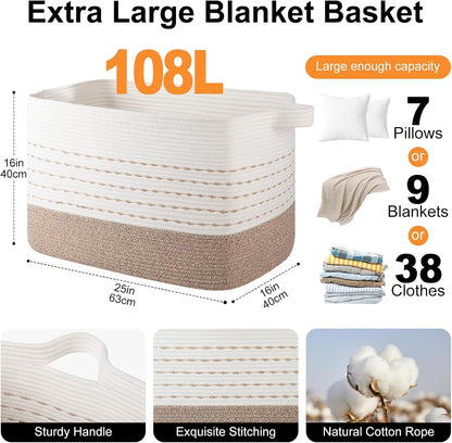108L Extra Large Blanket Basket, 25”X16”X16” Rectangle Woven Cotton Rope Baskets for for Living Room, Toy Storage with Handle- Gradient Light Brown