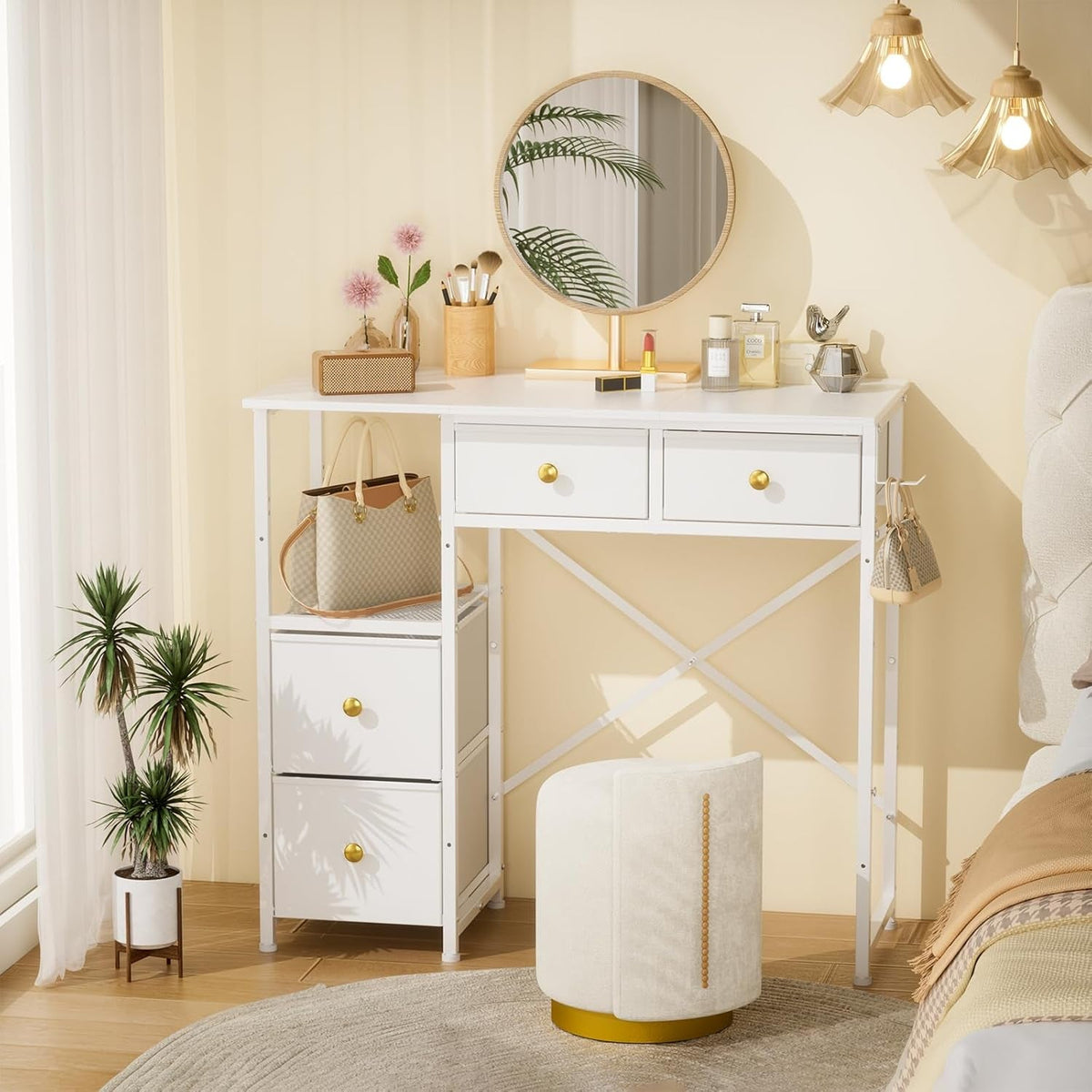 White Vanity Desk without Mirror, Small Makeup Desk with 4 Fabric Drawers, 33.5 Inches Dressing Table with Storage, Vanity Table for Bedroom with Hook, White