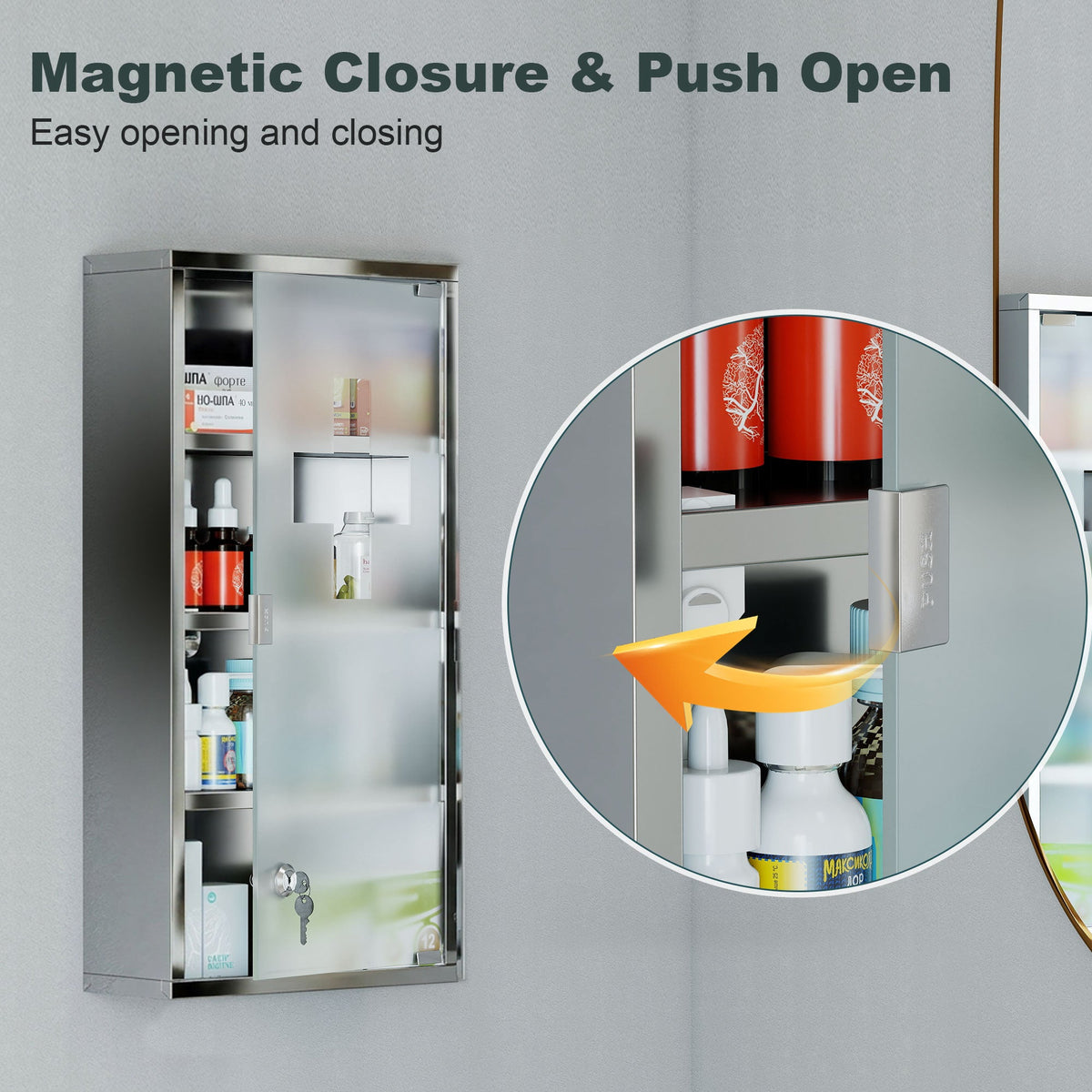 12" x 24" Lockable Medicine Cabinet, 4 Tier Stainless Steel Medical Wall Box with 2 Keys and Shelves for Bathroom