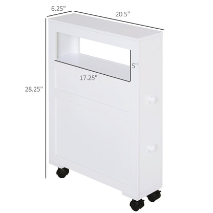 6.25" x 20.5" x 28.25" Wood Rolling Narrow Bathroom Side Storage Cabinet - White