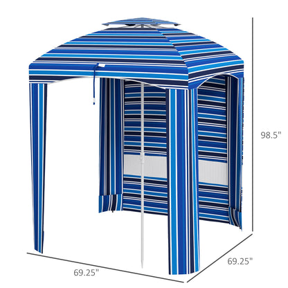 5.8' x 5.8' Cabana Umbrella for Travel, Walls, Vents, Ruffles, Carry Bag, Beach Umbrella, Blue Stripe