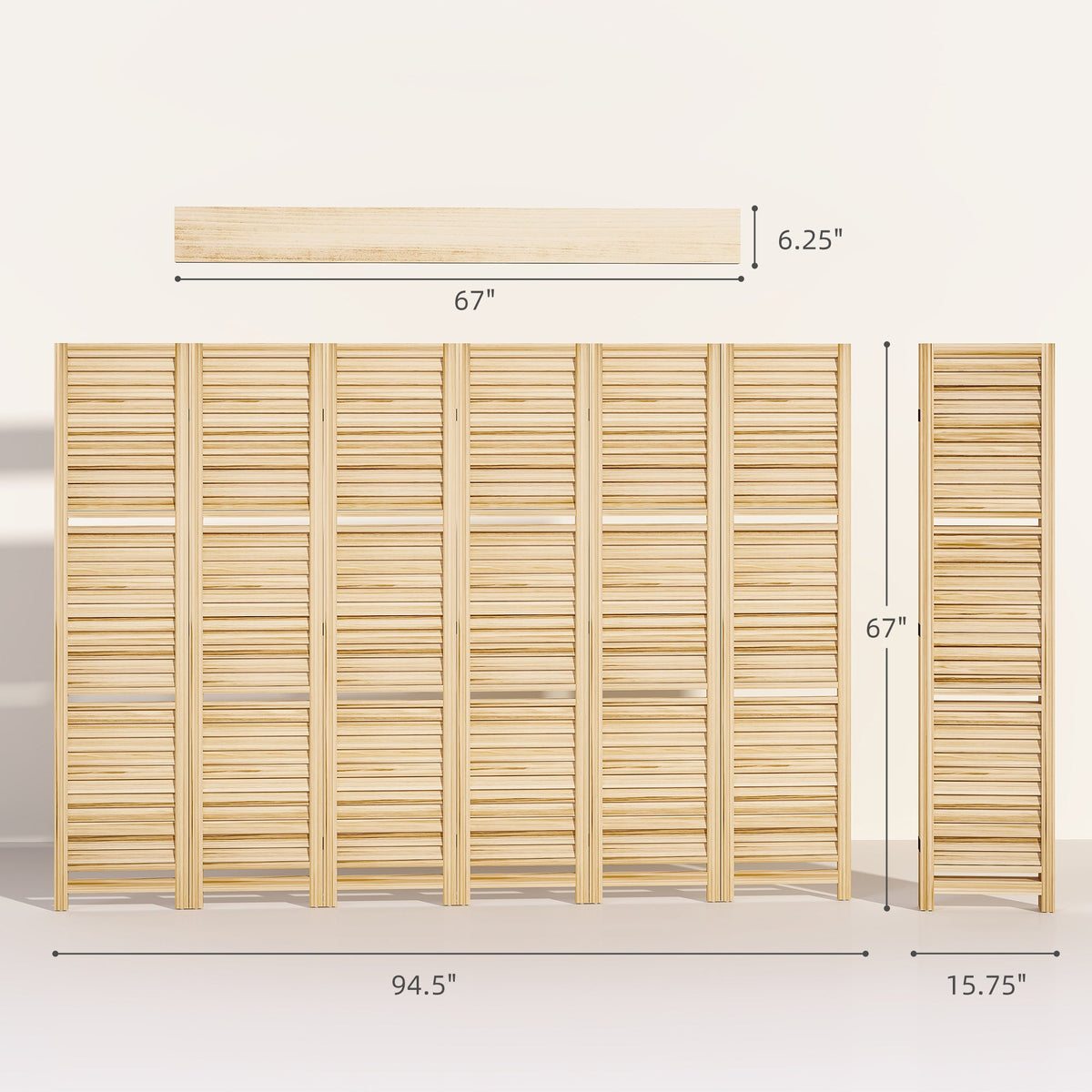 6 Panel 67" Tall Wood Privacy Screen Room Divider with 3 Shelves and Folding Storage for Bedroom, Natural Wood