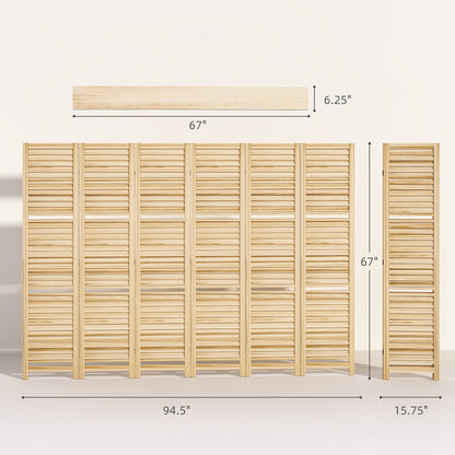 6 Panel 67" Tall Wood Privacy Screen Room Divider with 3 Shelves and Folding Storage for Bedroom, Natural Wood