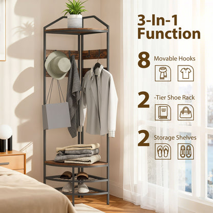 Corner Hall Tree, Industrial 4-Tier Coat Rack with Shoe Storage, 8 Movable Hooks and 2 Shelves for Hallway, Rustic Brown