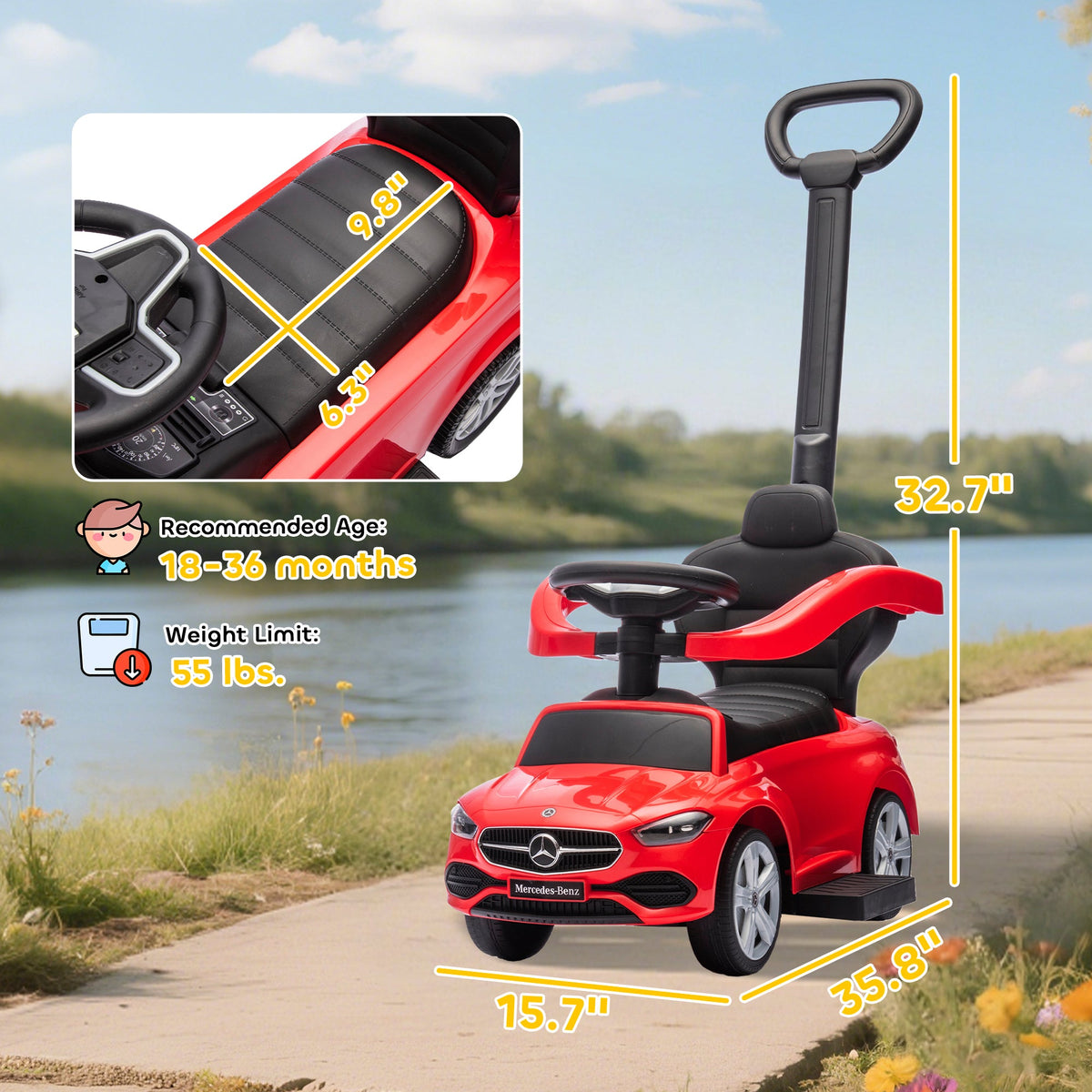 Mercedes-Benz C-Class Licensed Ride-On Push Car, Baby Stroller Walking Car with Parent Control Handle, Horn, Red
