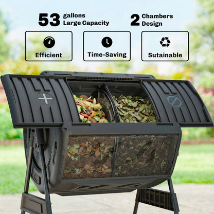 Compost Bin Outdoor, 53 Gal Dual Chamber Tumbling Composter with Adjustable Vents, BPA Free Tumbling Composter, Black