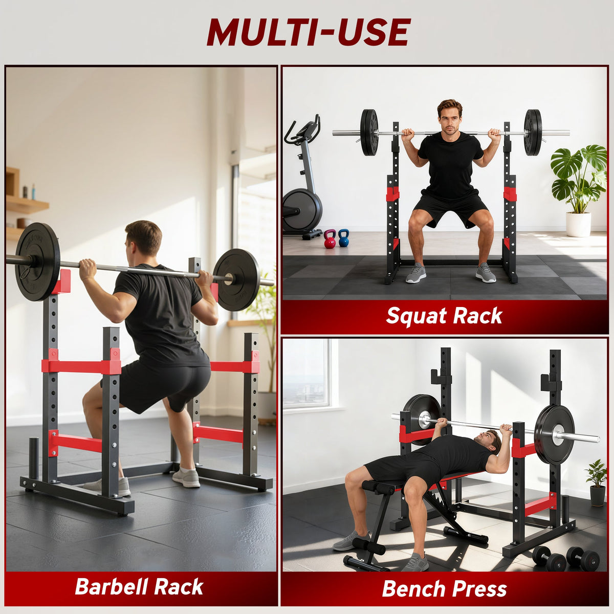 Adjustable Squat Rack, 660lbs Multi-Functional Bench Press Rack for Weight Lifting Home Gym Strength Training, Red