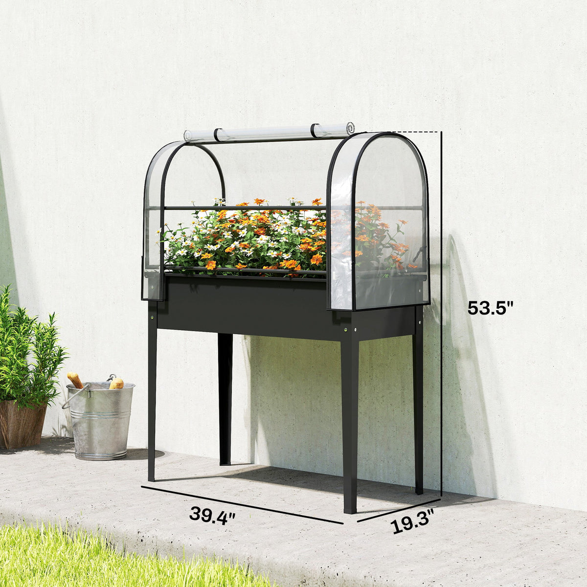 Raised Garden Bed with Flip-Up Greenhouse Cover, Metal Elevated Garden Bed with Legs and Drainage Hole, Black