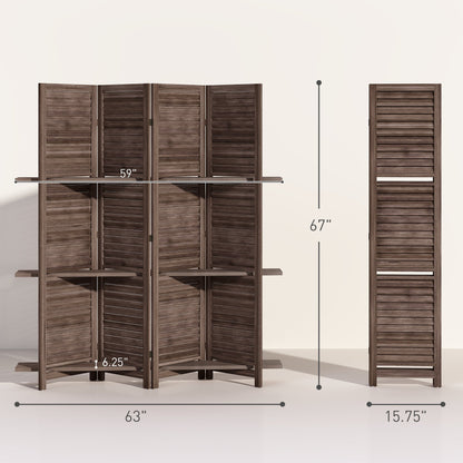 4 Panel 67" Tall Wood Privacy Screen Room Divider with 3 Shelves and Folding Storage for Bedroom, Walnut