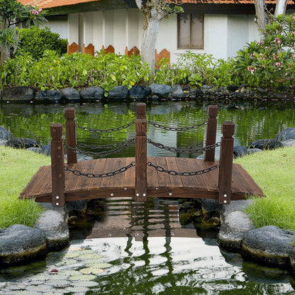 5 ft Wooden Garden Bridge Arc Footbridge with Metal Chain Railings & Solid Fir Construction, Carbonized