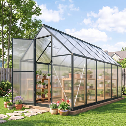 Polycarbonate Greenhouse with Swing Door and Two Adjustable Roof Vents, Aluminum Walk-in Greenhouse, 11x6 ft, Black