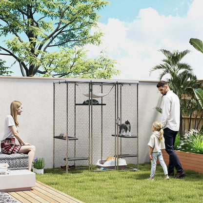 Catio Outdoor Cat Enclosure, Galvanized Steel Walk-in Cat Cage with Waterproof Cover, 5 Adjustable Platforms, Hammock