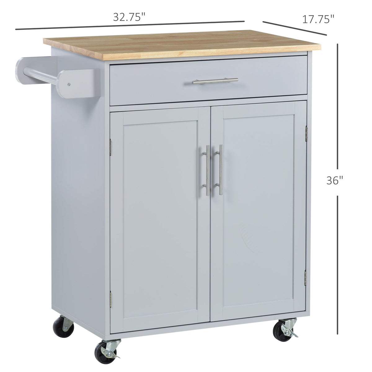 Kitchen Island Cart, Rolling Island Table with Solid Wood Top, Trolley Cart with Drawer, Storage Cabinet & Towel Rack, Gray