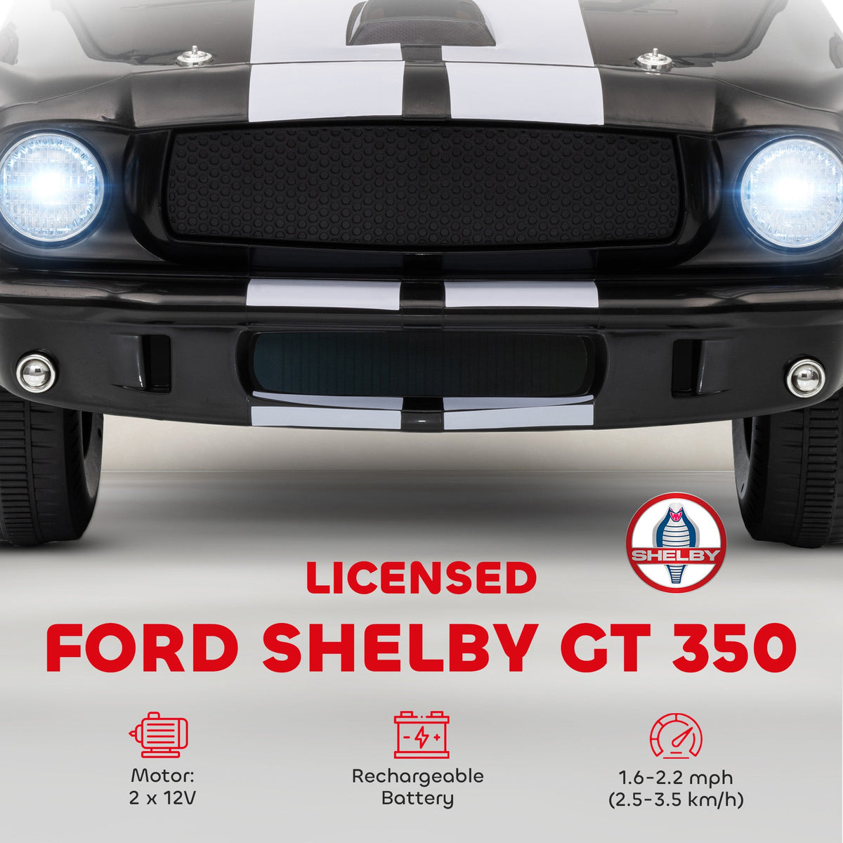Licensed Ford Shelby GT 350 Kids Ride On Car with Remote Control, Adjustable Speed, MP3, Smooth Start, LED Lights, Black