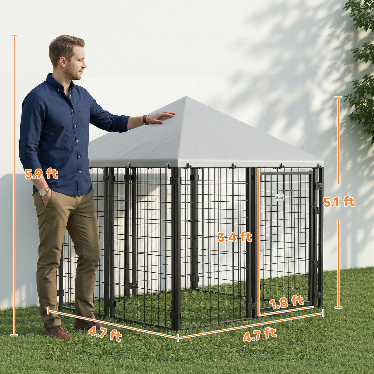 Lockable Dog House Kennel with Water-resistant Roof for Small and Medium Sized Pets, 4.7' x 4.7' x 5.1', Silver