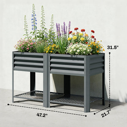 Raised Garden Bed Galvanized Steel, Elevated Planter Box with Storage Shelf, Bed Liner, 31.5" High, Dark Gray