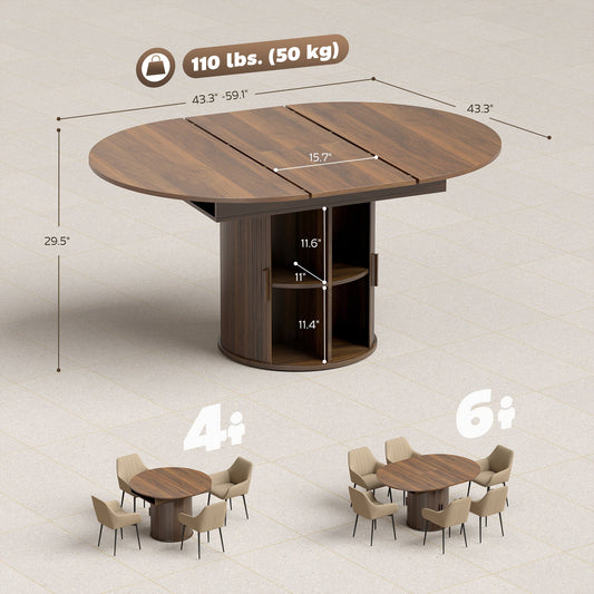 Extendable Dining Table for 6, 60" Farmhouse Kitchen Table with 2-Tier Storage Shelf and Fluted Sliding Doors, Walnut