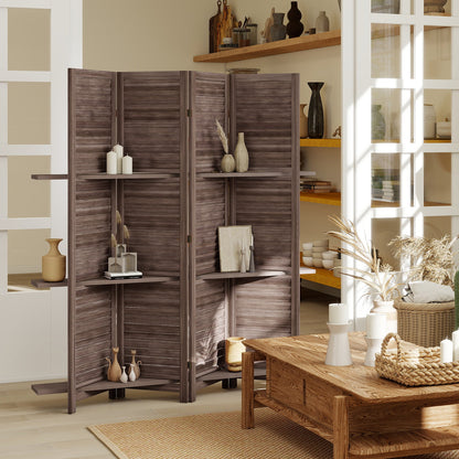 4 Panel 67" Tall Wood Privacy Screen Room Divider with 3 Shelves and Folding Storage for Bedroom, Walnut