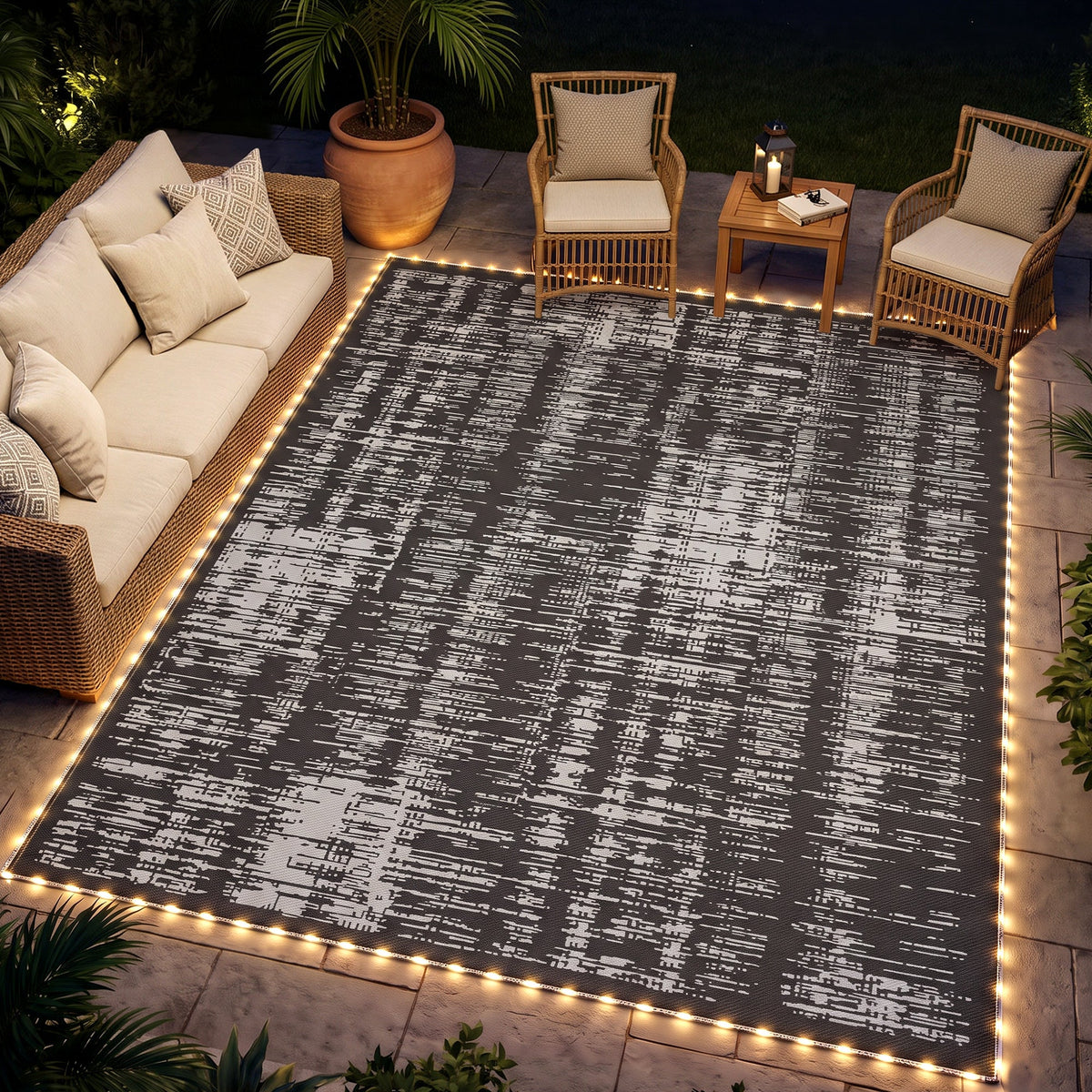 Reversible Outdoor Rug Carpet with LED Lights, Carry Bag & Ground Stakes for Backyard, Deck, Picnic, Beach, 10' x 8'