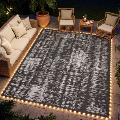 Reversible Outdoor Rug Carpet with LED Lights, Carry Bag & Ground Stakes for Backyard, Deck, Picnic, Beach, 10' x 8'
