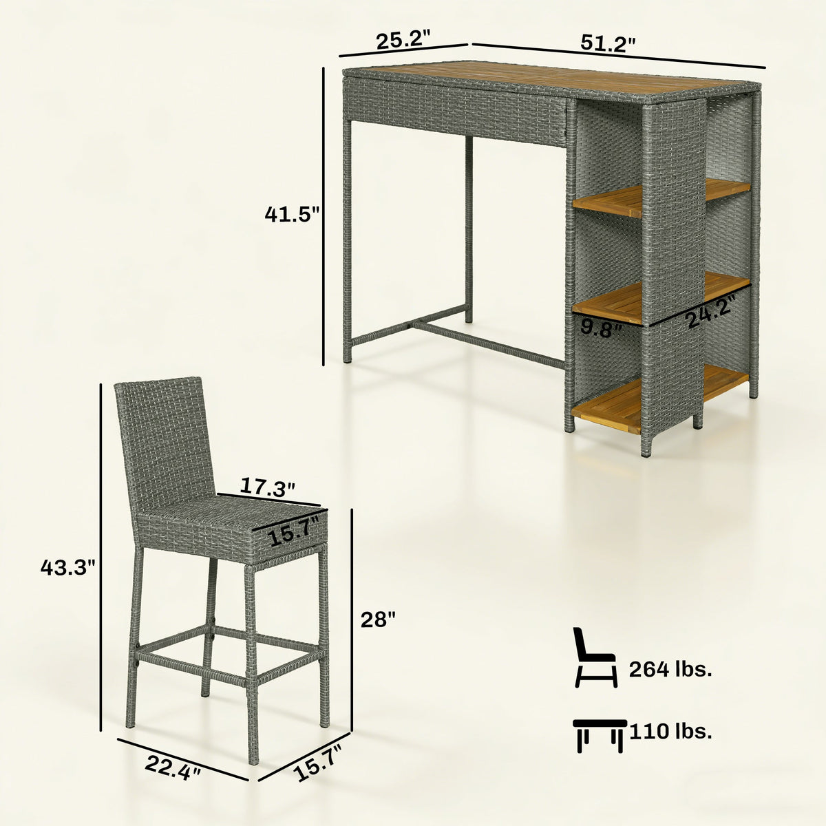 5 Piece Wicker Outdoor Bar Set, Acacia Wood Outdoor High Top Table and Chairs with 3 Tier Shelves, Cushions, Gray